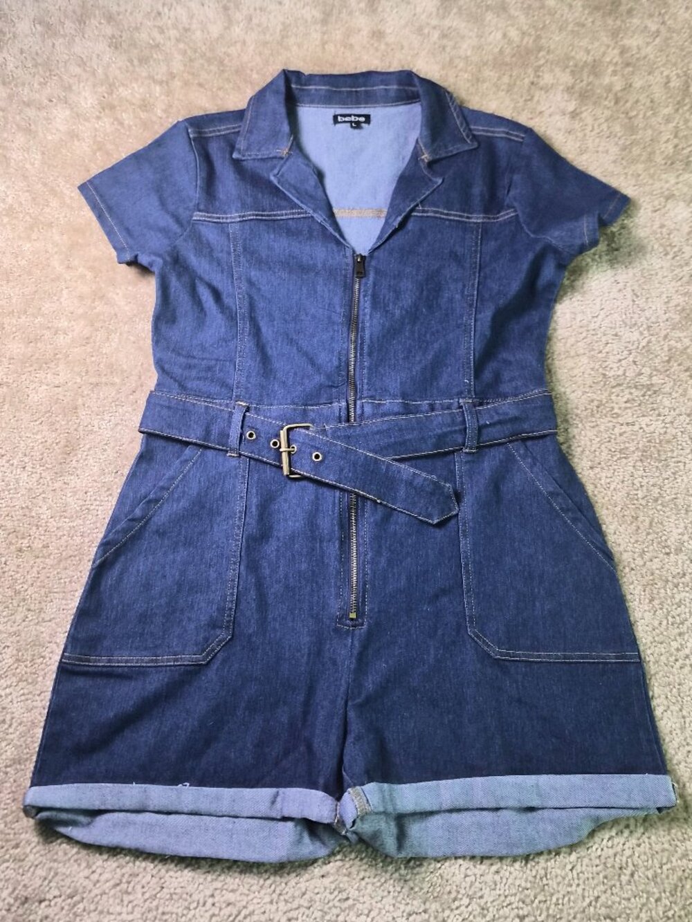 Bebe Womens Blue Stretch Denim Romper Zipper Front Size Large Belted Y2K F842